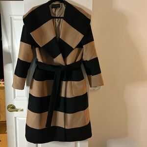 Ann Taylor Black Tan Stripe Draped Collar Wrap Coat (NWOT)